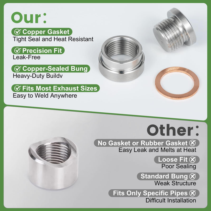 O2 Sensor Bung Weld in with Plug, 2 Set O2 Bung 304 Stainless Steel M18-1.5,Oxygen Sensor Bungs Plugs with Copper O-Ring for Automotive, Bike, Motocycle 2 Set Silver
