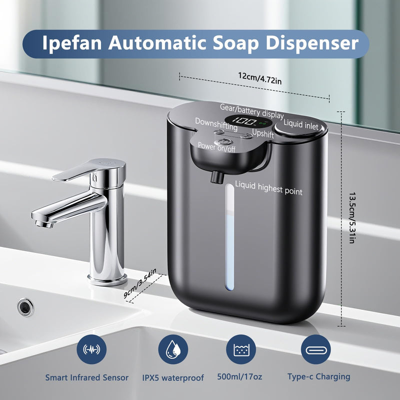  [AUSTRALIA] - Automatic Soap Dispenser,9 Levels Dish Soap Dispenser for Kitchen,Touchless Liquid Hand Soap Dispenser for Bathroom,16.9oz/500ml,1200mah Rechargeable,Wall Mount & Countertop