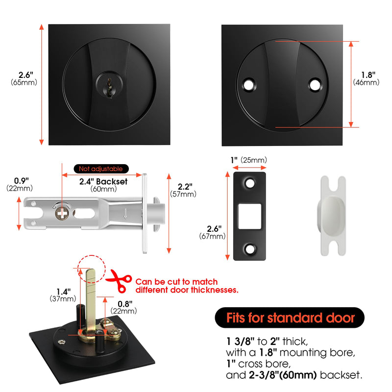 Square Door Hardware - Sliding Pocket Door Lock with Key, Flush Latch for Bed/Bath, Matte Black, 2-3/8" Backset Square Entrance