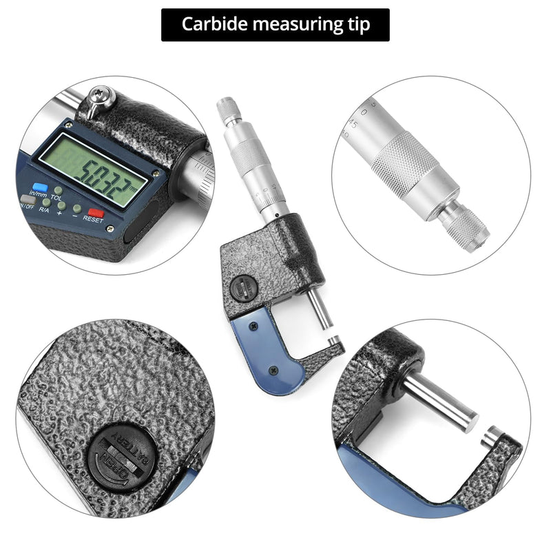 QWORK Digital Outside Micrometer with Carbide Tip, 0-1 Inch / 0-25 mm Measuring Range, High Accuracy ±0.002 mm, LCD Display