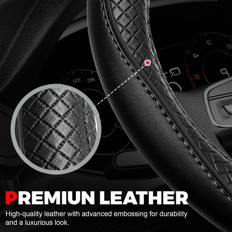 Ouzorp Car Steering Wheel Cover, Microfiber Leather Steering Wheel Covers with Anti-Slip Lining, Universal 14.5-15 inchs Black Black,Medium(Standard) Size[14.5"-15"]