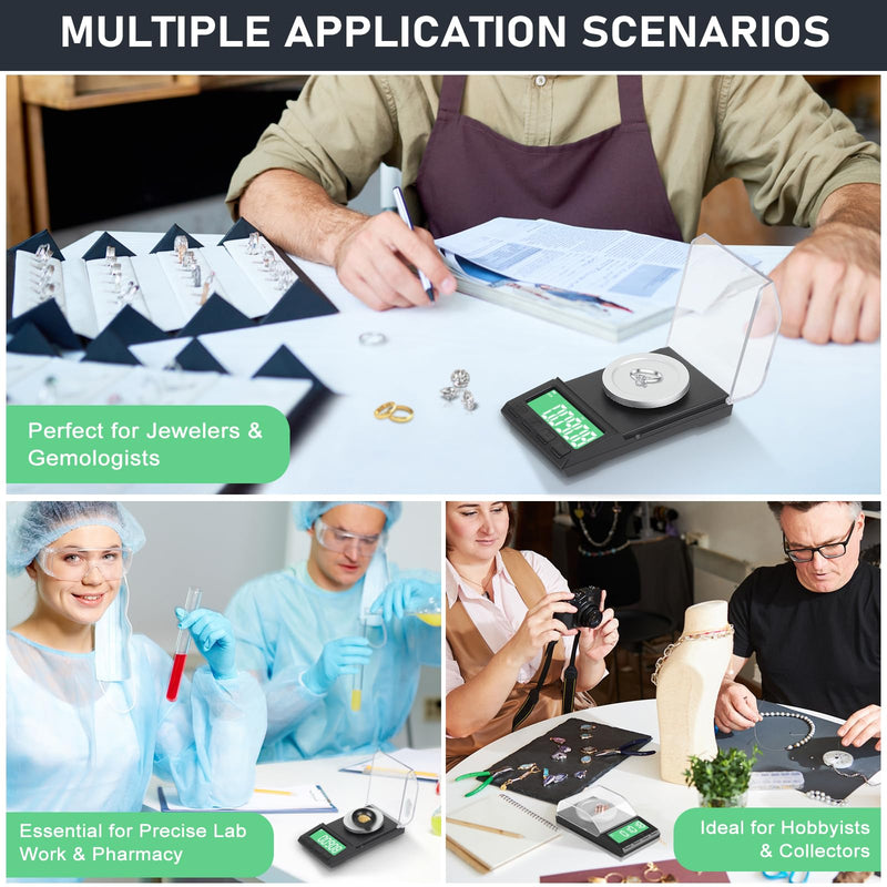 Portable Milligram Scale 100g/0.001g, Diyife Rechargeable Gram Scale with 8 Units, High Precision Powder Scale with Cover, Backlit LCD, Batteries/Tray/Tweezers/100g Calibration Weight Included