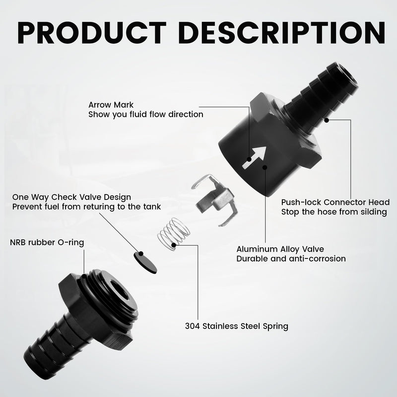 3/8 Inch 2PCS Fuel One-way Check Valve, Aluminium Alloy 10mm OD Fuel Line Check Valve One Way Non Return for Diesel Gasoline Water, Black (Set of 2) 3/8" (10mm)