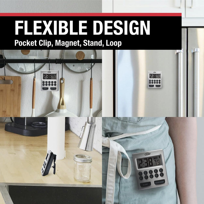 CDN Direct Entry 2- Alarm Digital Kitchen Timer | Counts Up & Down, 10 Hours by Hours, Minutes & Seconds, Big Digit, Loud & Long Audio/Vibrate Alarm, Stand, Hang, Magnet Mounting - TM30