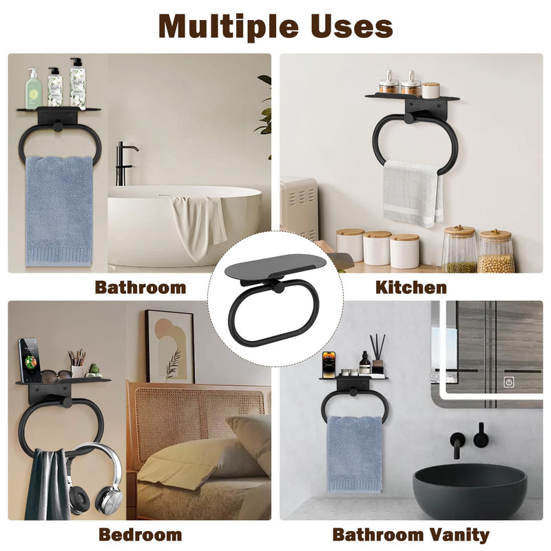 Hand Towel Ring with Shelf, Stainless Steel Hand Towel Holder, Heavy Duty Bath Accessories, Wall Mounted Towel Hanger for Bathroom Kitchen (Matte Black) Matte Black