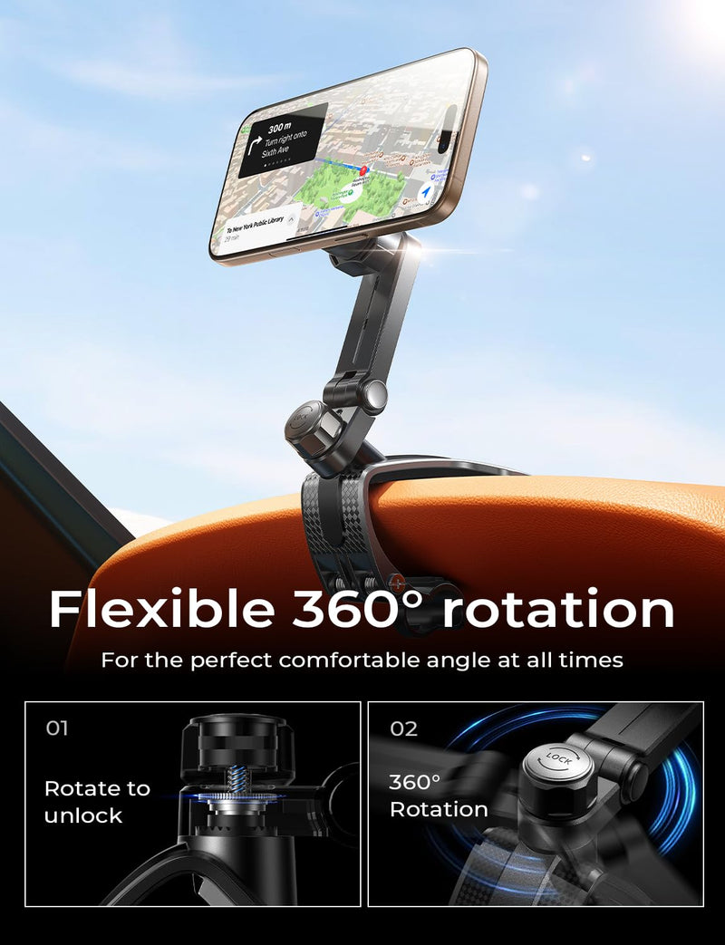 360 Degree Rotation Dashboard Car Phone Holder, Clip on Dashboard Cell Phone Holder for Driving Navigation, Magsafe Magnetic Car Mount for Rearview Mirror, MagSafe Dash Mount for iPhone 16 15 14 13 12 Sliver