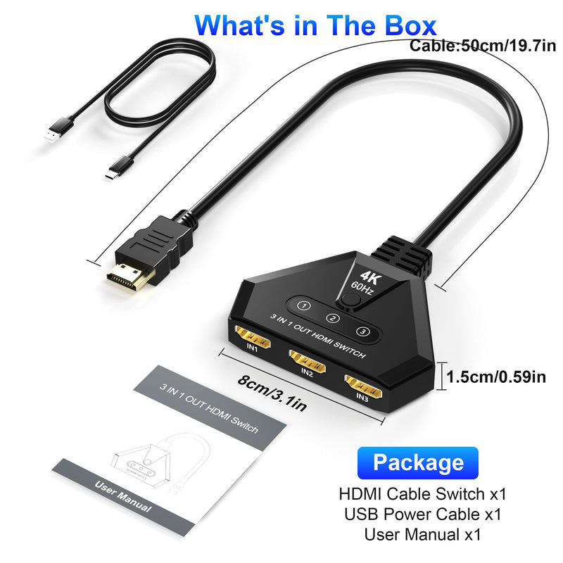 HDMI Switch 3 in 1 Out, 4K@60Hz HDMI Switcher with Gold Plated Ports, Plug & Play, Supports Full HD 1080P 3D Compatible with Roku TV Stick HDTV PS4/PS5 Xbox, Ideal for Home Theater, Gaming, Streaming