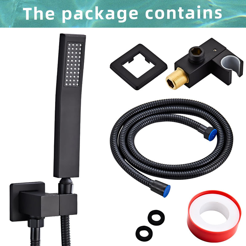 Black square hand shower head, handheld shower head with hose,brass High pressure flushing With adjustable water supply elbow Wall mount connector Shower bracket and hose set Black