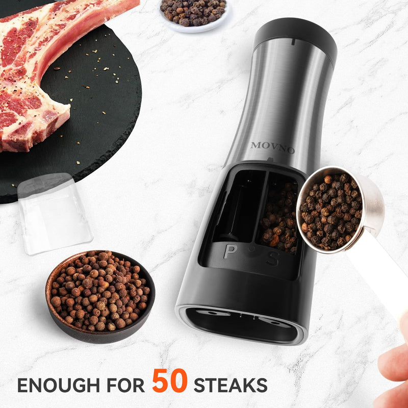 MOVNO 2 in 1 Rechargeable Electric Salt and Pepper Grinder Set with Charging Base, No Need Battery Automatic Salt and Pepper Grinder, One-Handed Operation, Adjustable Ceramic Grinder with LED Light Black