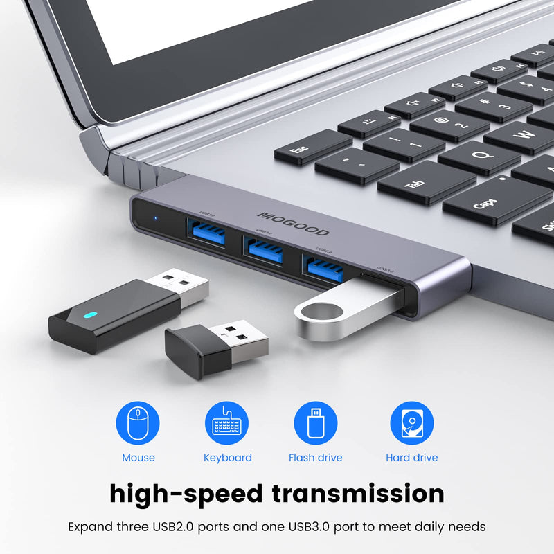 USB Hub for Laptop,MOGOOD USB Hub USB Splitter Ultra-Slim Data USB Hub [Charging Not Supported] Multi USB Port Expander USB Adapter Station for Laptop,Windows PC,Mac,Printer,Flash Drive,Mobile HDD Grey-Left