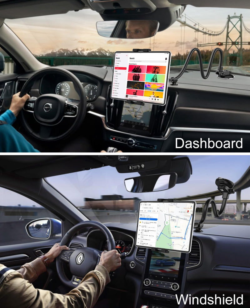 Car Dashboard Tablet Mount, Vehicle Dash iPad Holder, Gooseneck Long Arm Stand with Strong Sticky Gel Suction Cup for iPad Pro 12.9 11/ Air/Mini, Galaxy Tabs Z Fold, More 4-13" Phone & Tablets