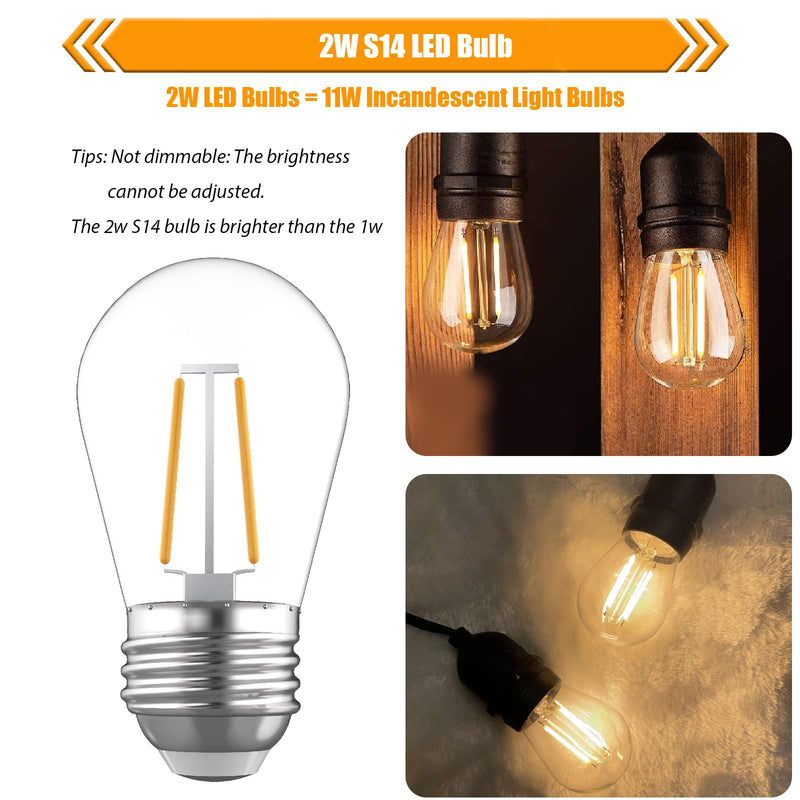 Replacement Bulbs for String Lights, 2W S14 Shatterproof Outdoor LED Light Bulbs, 2700K Soft White, E26 Base, AC120V, Not Dimmable, 30 Pack 2w-2700k Soft White 30 Count (Pack of 1)