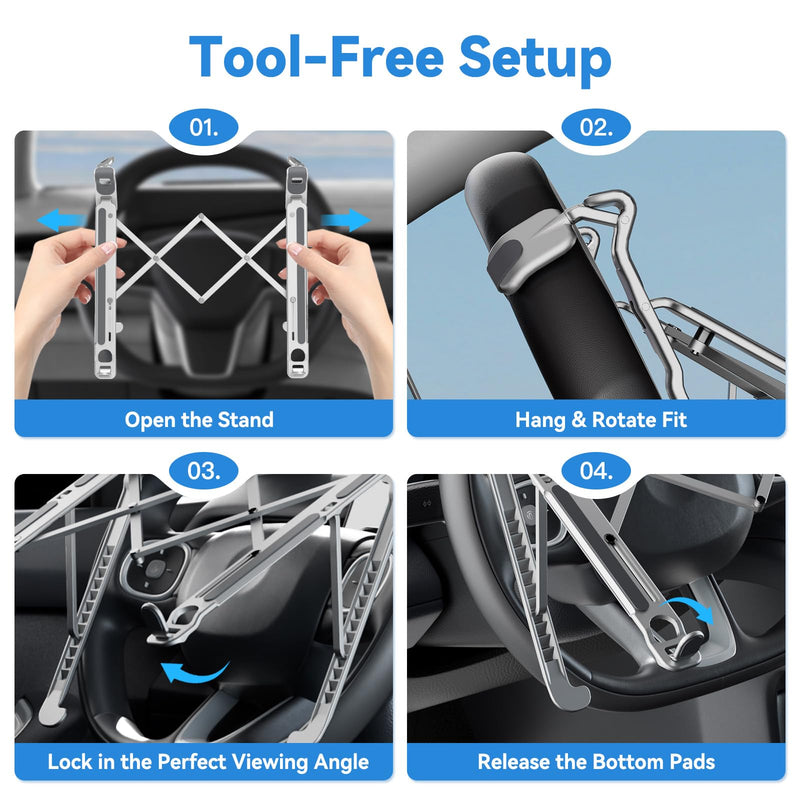 Car Laptop Mount steering Wheel Tray Holder, Height Adjustable Car Desk for Laptop iPad Computer Tablet, Foldable Portable Lap Laptop Stand for Car Vehicle Workstation for Truck SUV Tesla Motorhome Siliver