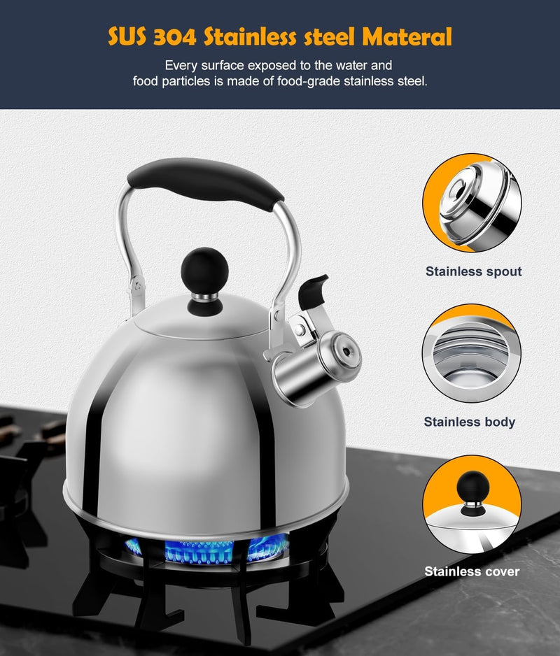 Tea Kettle, 2 Quart Stainless Steel Whistling Tea Kettle, Stovetop Whistling Teakettle Tea Pots for Stove Top with Ergonomic Folding Handle, Small Teapot, Water boiler for Tea, Coffee (Silver) Silver