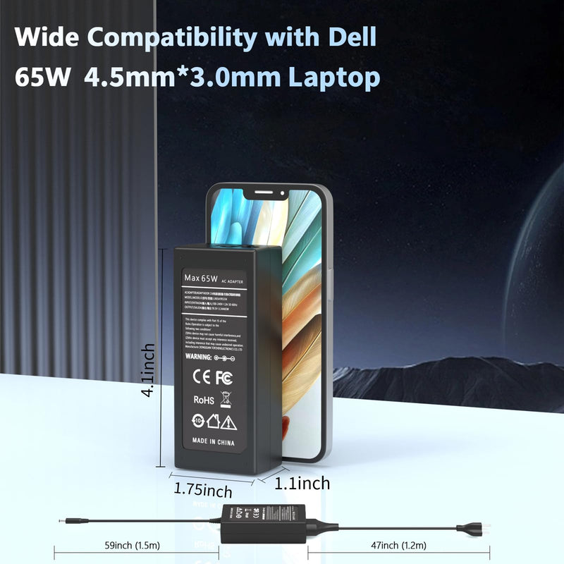 65W 4.5mm Tip Laptop Charger Compatible with Dell Inspiron 16 15 14 | For Dell Inspiron 15 3511 3520 3530 3535 3540 5559 5568 2-in-1, 16 5620 5630 5640 7640, 14 5420 5430 5490 2-in-1 AC Adapter