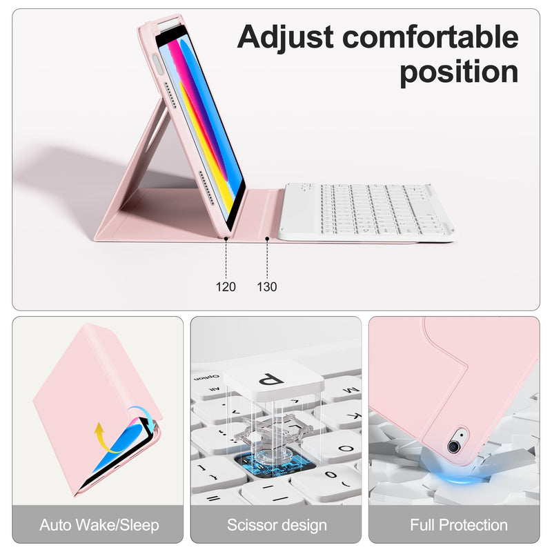 for iPad A16 11th/10th Gen Case with Keyboard, Rotating Folio Cover | 360 Degree Rotating Detachable Rugged Cover & Pencil Holder, Removable Wireless Keypad, Portrait/Landscape Mode, Pink