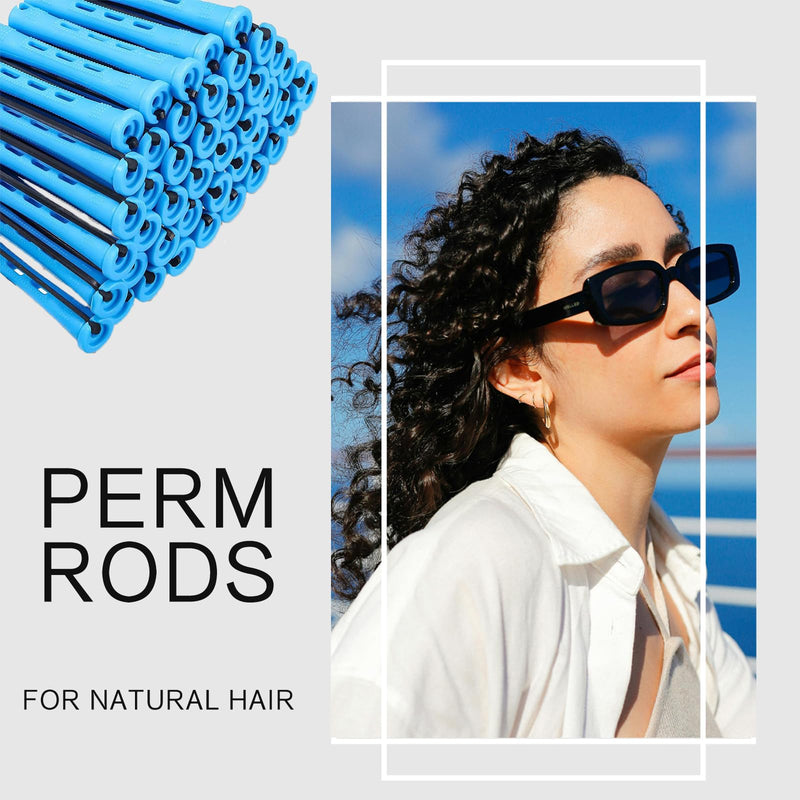60 Small Size Hair Curlers, 0.35 Inch Rollers, Blue Perm Rods, Home Perm Kits for Women & Men, Natural to Long Hair Styling Tool