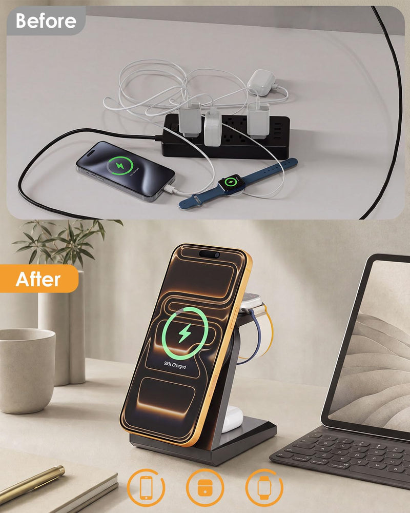 3 in 1 Wireless Charger iPhone Charging Station, 25W Magnetic Charger for iPhone 17 16e 15 14 13 12 Pro Max, Wireless Charging Station Fast Desk Mag Safe Stand for iWatch 11 10 9 8 7 6 5 AirPods Pro 3
