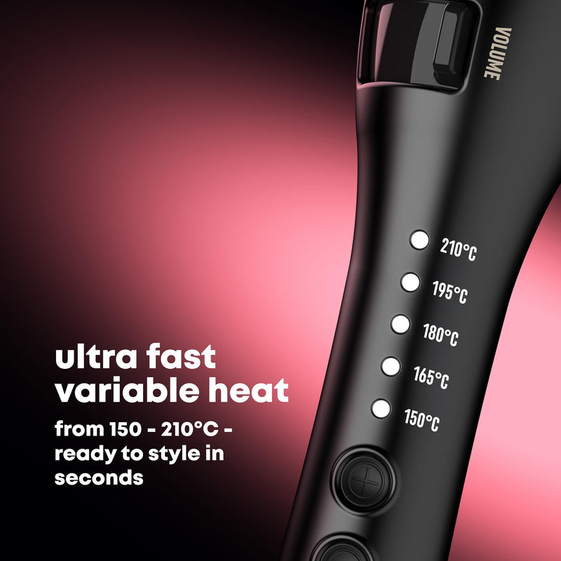 REVAMP Volume & Shape Ceramic Hot Brush Styler - Round Barrel 38 mm | Heated Curling Brush, Volume Release Retracting Bristles, Kinder Styling, Custom Temperature, Short to Long Hair Black/White
