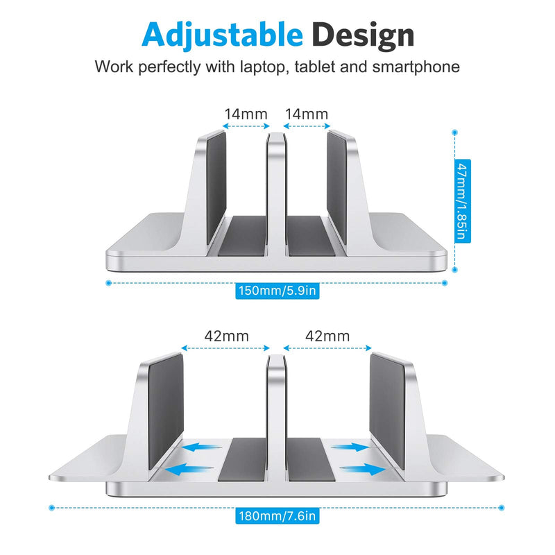 OMOTON [Updated Dock Version Vertical Laptop Stand, Double Desktop Stand Holder with Adjustable Dock (Up to 17.3 inch), Fits All MacBook/Surface/Samsung/HP/Dell/Chrome Book (Silver) Silver