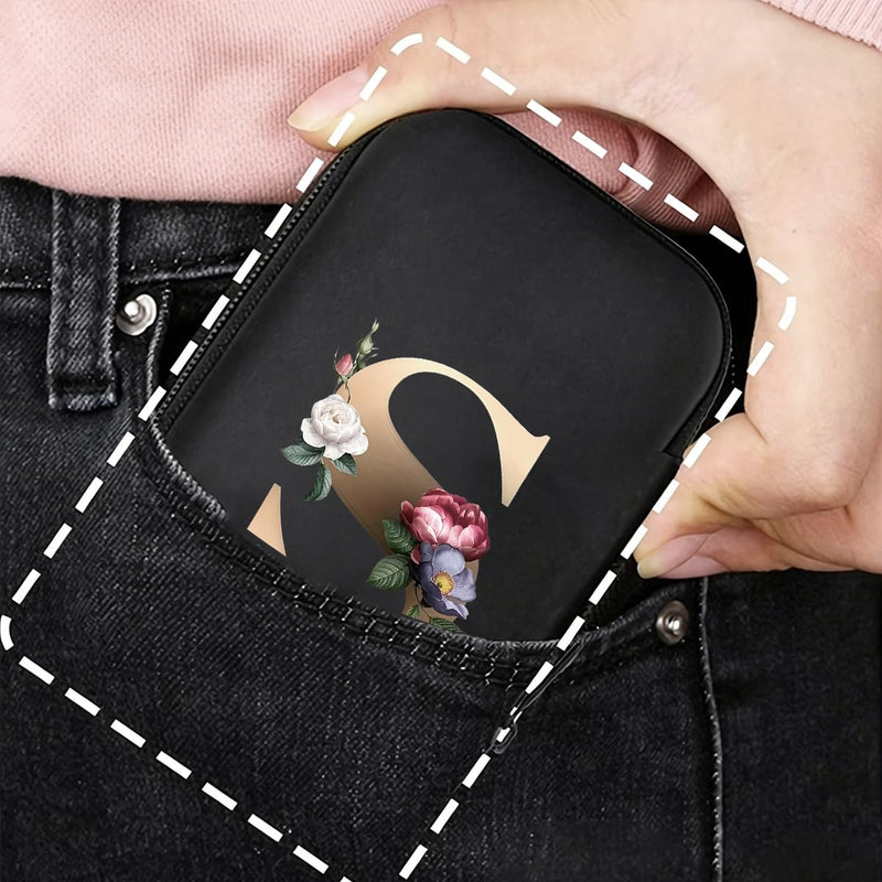 Letter And Flower Print Hard Shell Electronics Organizer, Shockproof Carrying Case for Cables, Earphones, Chargers, Ideal Gift for Travel & Daily Use，4.33 * 3.14 * 1.57 inch/SNB03-S Black-S