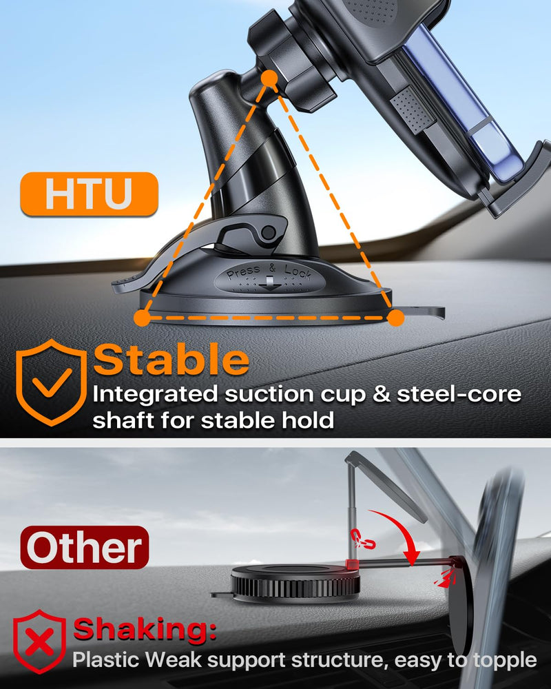 2026 Latest Upgrade Military-Grade Anti-Shake 90+LBS Car Phone Holder | Strong Suction 360° Rotating Short Fixed Arm Cellphone Mount Dash Windshield Vent Cradle for iPhone 17 16 Pro Max Deep Black