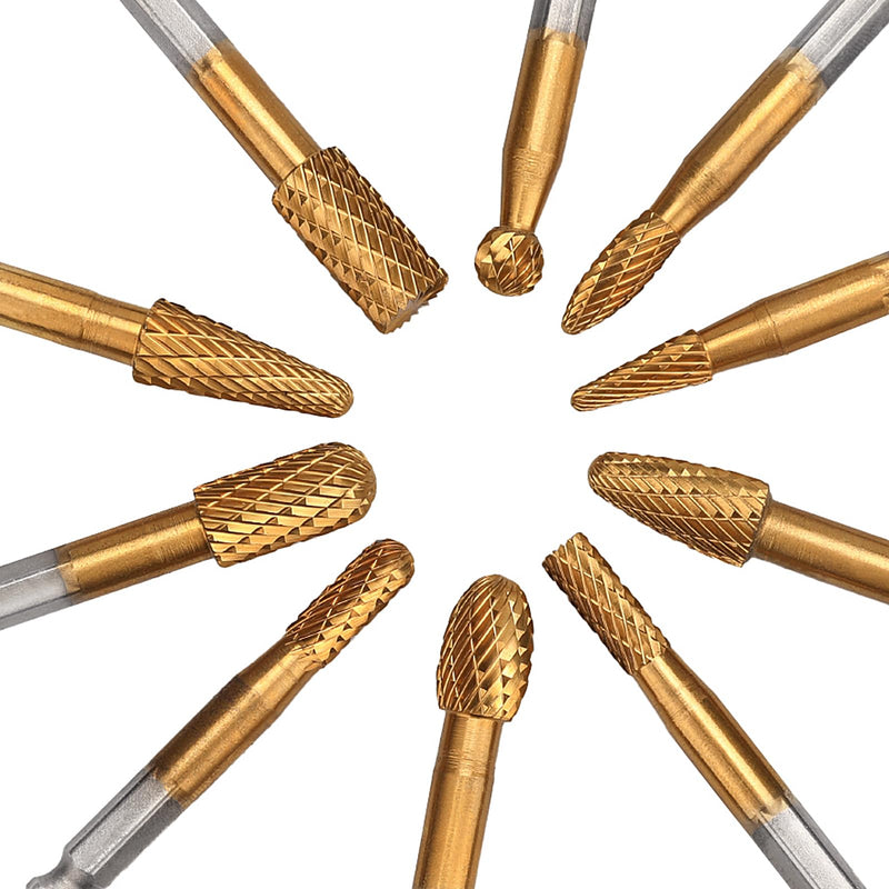 10 Pieces Set Carbide Burr Set with 1/4 inch Hex Shank,Double Cut Tungsten Carbide Rotary Burr Set for DIY Grinder Metal Wood Carving Engraving Polishing Drilling Grinding Milling Cutting 10 Pieces Set