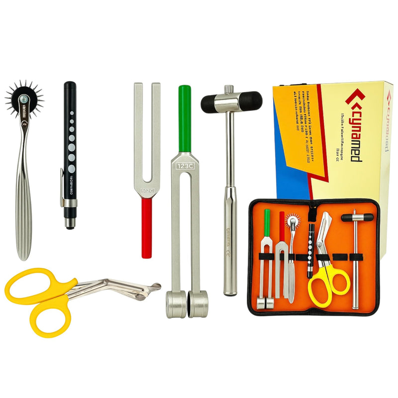 Cynamed Set of 6 pcs Reflex Percussion Buck Hammer + Penlight +Tuning Fork C 128 C 512 + Bandage Scissors 7.25" + Wartenberg Pinwheel (Set of 6)