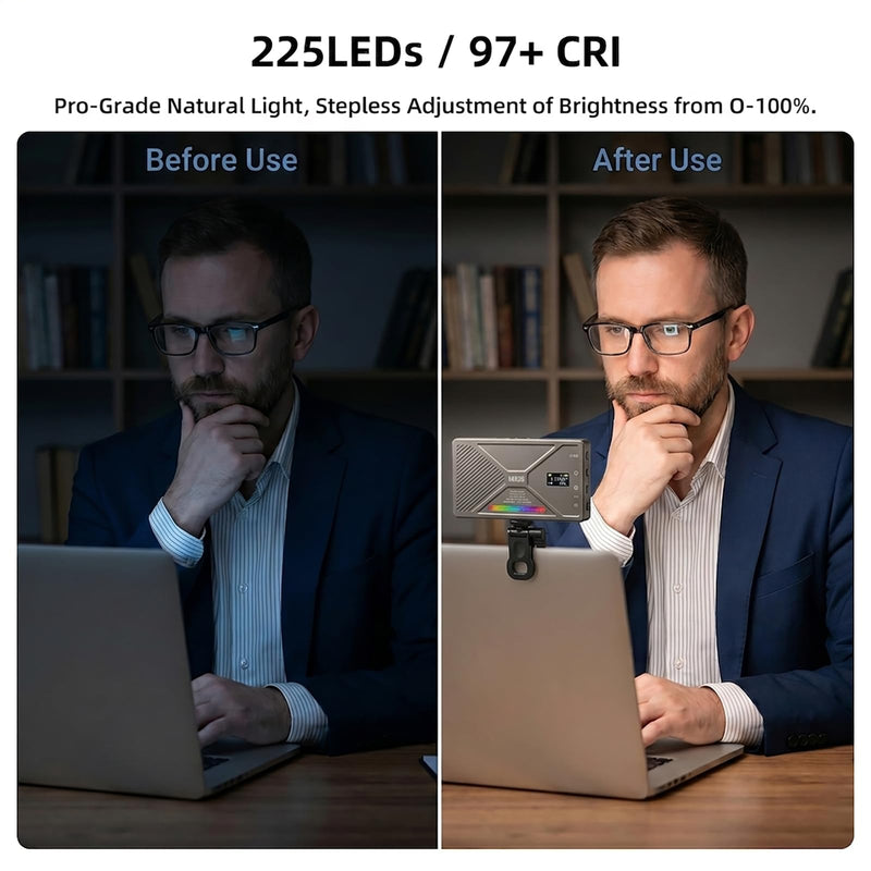 225 LED Portable Selfie Light, Video Conference Light, 4000mAh Rechargeable, App Control, Tripod, Metal Hot Shoe, Clip, CRI 97+, 24 Light Modes for Phone, Camera, Live Streaming, Makeup, Photography