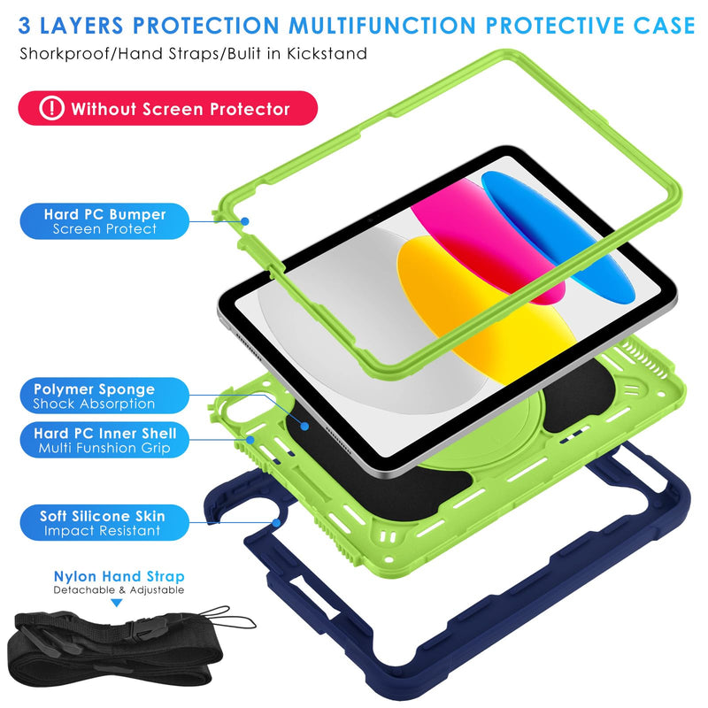DETUOSI Shockproof Case for iPad A16 11th Gen 11" 2025, Dark Blue + Green | for iPad 10th Generation Case 10.9", 360 Rotatable Stand & Shoulder Strap, 3-layer Protection, Heavy Duty Protective Cover