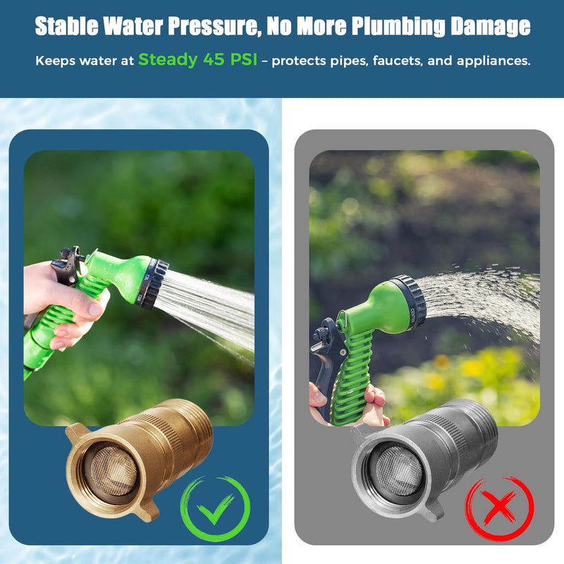 SheeChung RV High Flow Water Pressure Regulator, Brass Lead-Free 40-50 PSI Pre-Set Water Pressure Reducer with Filter, Fits 3/4" GHT for RV, Camper, Trailer, Garden Hose BRASS01
