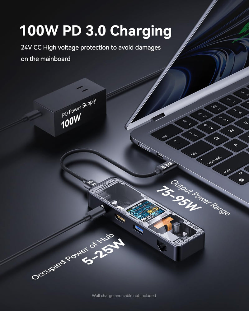 DOCKCASE Explorer Edition Visual Smart USB C Hub (6-in-1) with HDMI Port 4K@60Hz,Gigabit Ethernet,USB-C and 2 USB-A 5Gbps Data Ports, 100w PD Power Delivery, for MacBook Air/Pro, XPS, and More Black