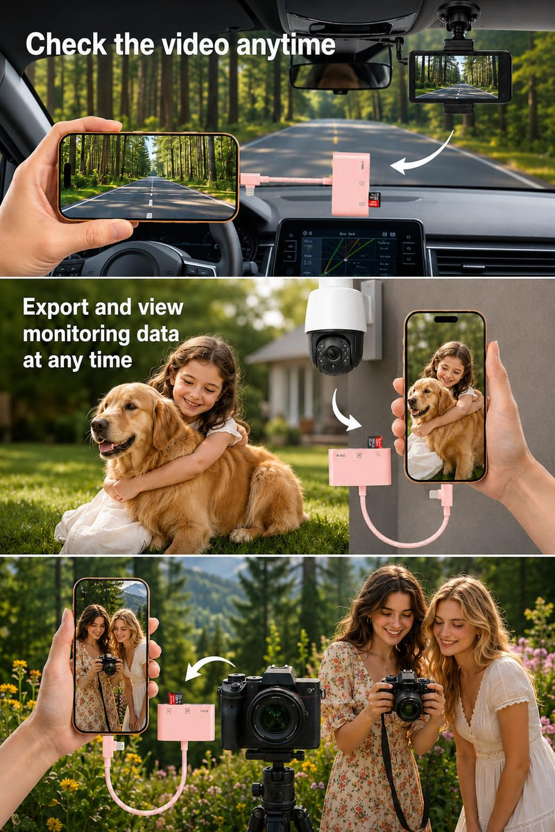 Pink 3 in 1 SD Card Adapter for iPhone, USB-C & Lightning, SD/TF/USB-A | Plug & Play, No App Needed; USB 3.0 High-Speed Reader With Braided Cable For SD/TF/USB-A Fast Photo Transfer Pink