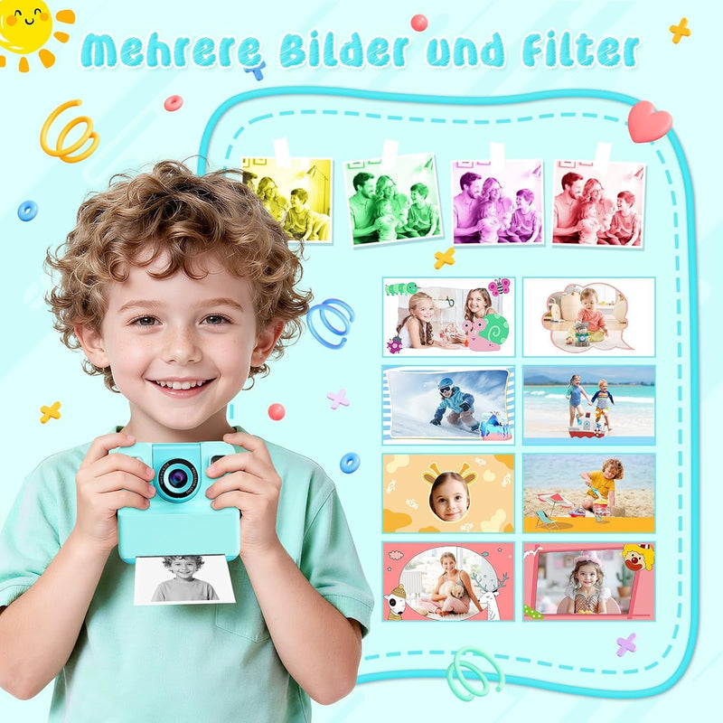 Kids Camera Instant Print, 48MP Digital Camera Selfie 1080P HD,Toys Gifts for Girls Boys Aged 3-16,Digital instant video printing cameras with 3 rolls of paper and 32 GB for Christmas/Birthday/Holiday