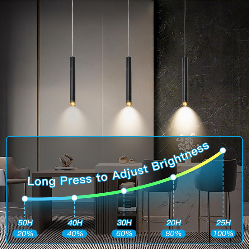 Rechargeable Pendant Lights Fixtures for Kitchen Island, Modern Pendant Light, 6000mAh Battery, 3 Color Dimmable No Wiring Hanging Lights, Adjustable Industrial LED Cylinder Pendant Lamp-Black