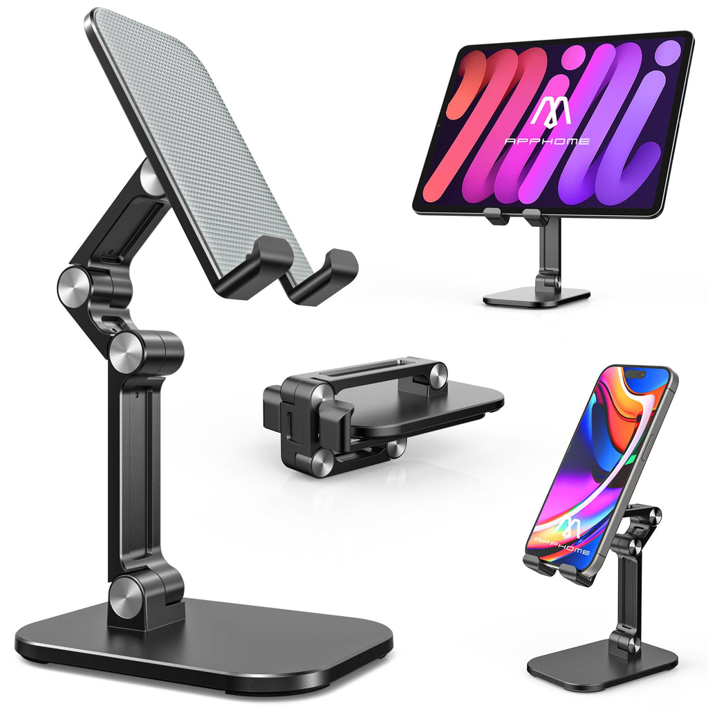 Adjustable Phone Stand for Desk - Foldable, Portable, and Durable Cell Phone Holder with Strong Stability - Silicone Surface for Enhanced Protection - Ideal Phone Holder - Black