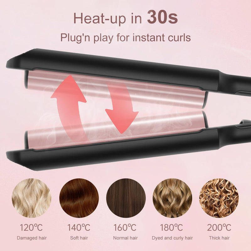AISEELY 20MM Hair Waver Crimper - Mini 2 Barrel Beach Wave Hair Curler with 5 Adjustable Temp (120°C-200°C),Mermaid Curling Wand for Short/Long Hair, Anti-Scald, Quick & Easy Waver Curling Iron Black