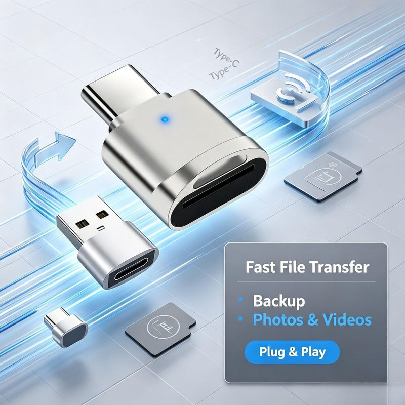1 Pack USB C MicroSD Card Reader, USB A OTG Camera to Phone Adapter, Silver | Compact 0.91 in Body, Status Light, Reversible Plug, Removable Converter, Direct Insert Format for Compatible Mobile Devices
