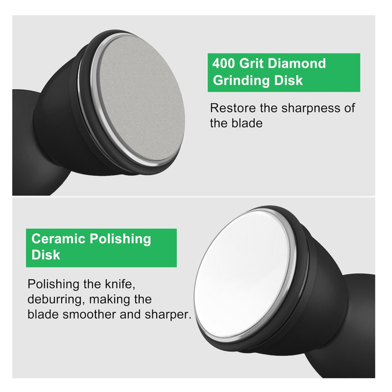 Rolling Knife Sharpener Kit - Crafted with Premium Stainless Steel | Kitchen Knife Sharpener Includes a 400 Grit Diamond Disc to Restore Sharpness and a Ceramic Disc to Polish and Smooth the Blade Black