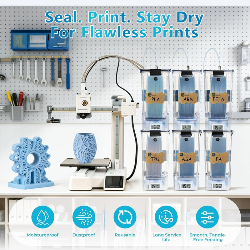 Filament Storage Box - 1 Pack 4L 3D Printer Filament Container with 1 Hygrometer, Airtight Dry Box for Sealing and Protection, Water-Proof & Dust-Proof, Reusable Desiccant, Tube Cutter