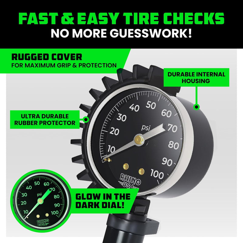 Rhino USA Tire Pressure Gauge with Inflator (0-100 PSI) - Heavy Duty Air Chuck and Compressor Accessories with Stainless Braided Hose, Large Analog Dial and Solid Brass Hardware for Truck and RV 100psi Analog