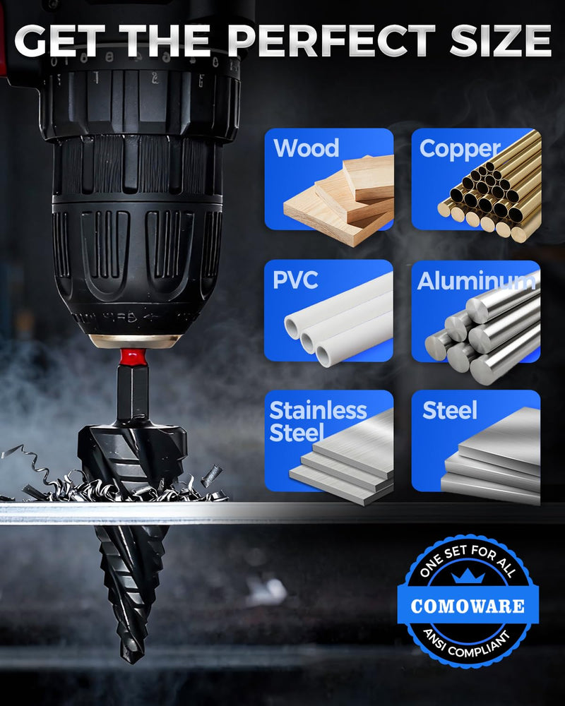 COMOWARE Step Drill Bit Set, 1/8~1-3/8" 5Pcs Four Spiral Flute Step Drill Bits for Metal, AITIN Coated Step Bit with 1/4" Hex Shank for Metal, Stainless Steel, Aluminum, Wood, Plastic