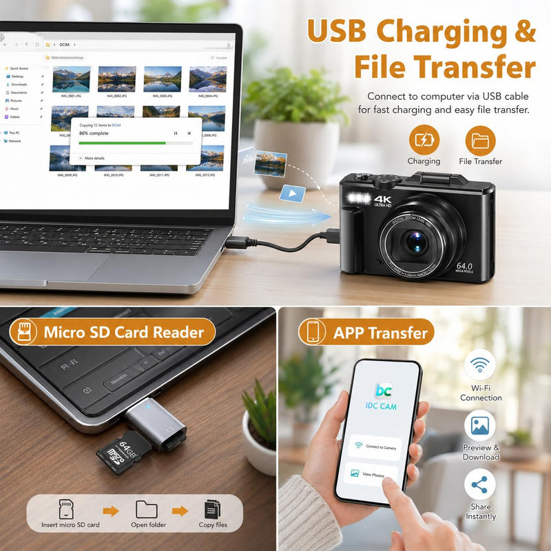 4K Digital Camera for Photography, 64MP Vlogging Camera for YouTube | Point and Shoot Camera with WiFi Sharing, 18X Digital Zoom, 3" 180° Flip Screen, 32GB Micro SD Card & 2 Batteries, Black