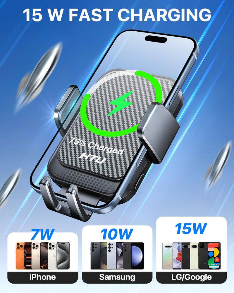 Wireless Car Charger, 15W Auto Clamping Car Charger Dash Windshield Air Vent Phone Holder Compatible with iPhone 17 16 15 14/13/13 Pro/12 pro/12/11/X/8, Samsung S25/S24/S23/S22,etc (Black) Black