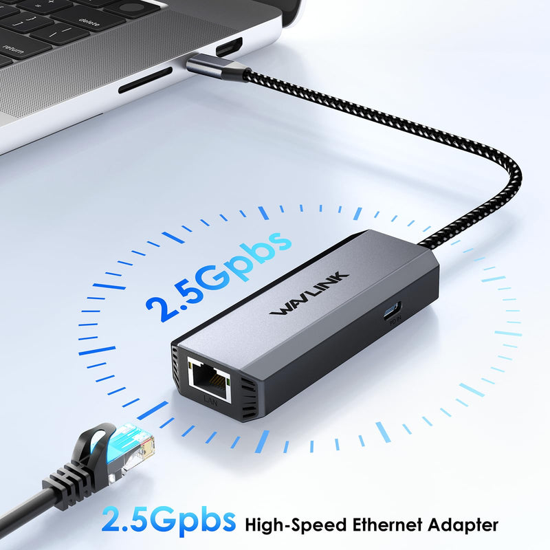 WAVLINK USB C to Ethernet Adapter 2.5 Gbps, USB to 2.5G Ethernet Adapter with 95W Power for Laptop, USB-C to RJ45 Network Converter (Thunderbolt 4/3 Compatible) for Windows, Mac OS, iPad OS and More 2.5G Ethernet Adapter PD
