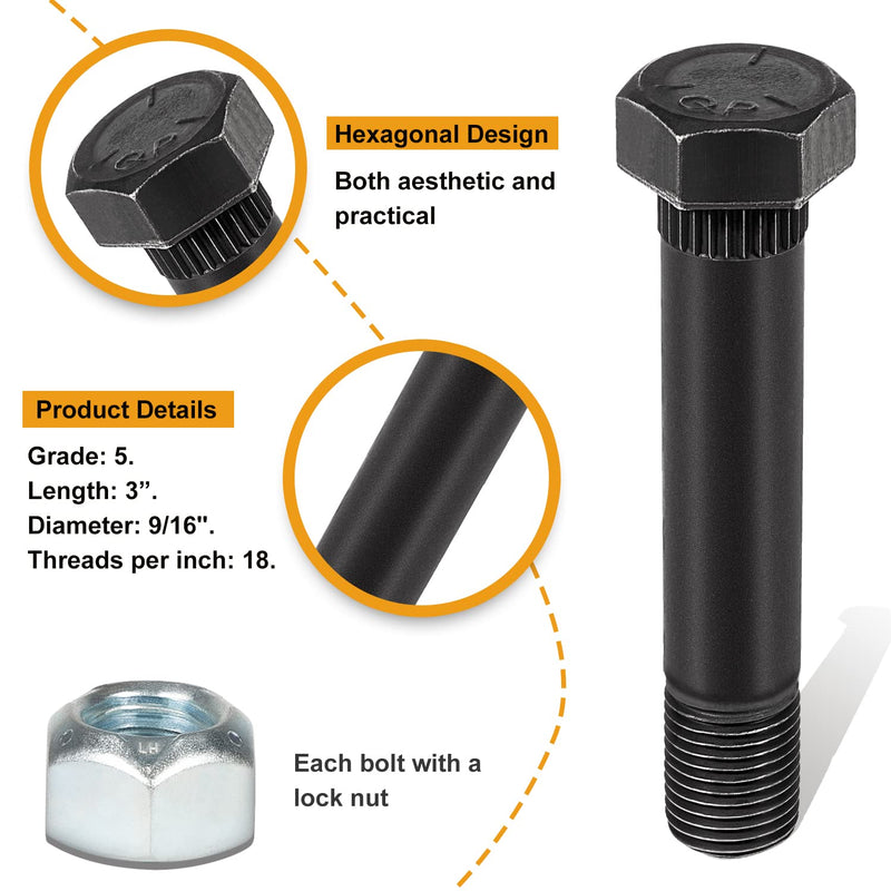 4 Pack 9/16"-18 x 3" Long Trailer Leaf Spring Shackle Bolts w/Lock Nuts, fit for 1-3/4” Wide Leaf Spring & Double Eye Leaf Springs, for 2,000lb and 3,500lb Axles