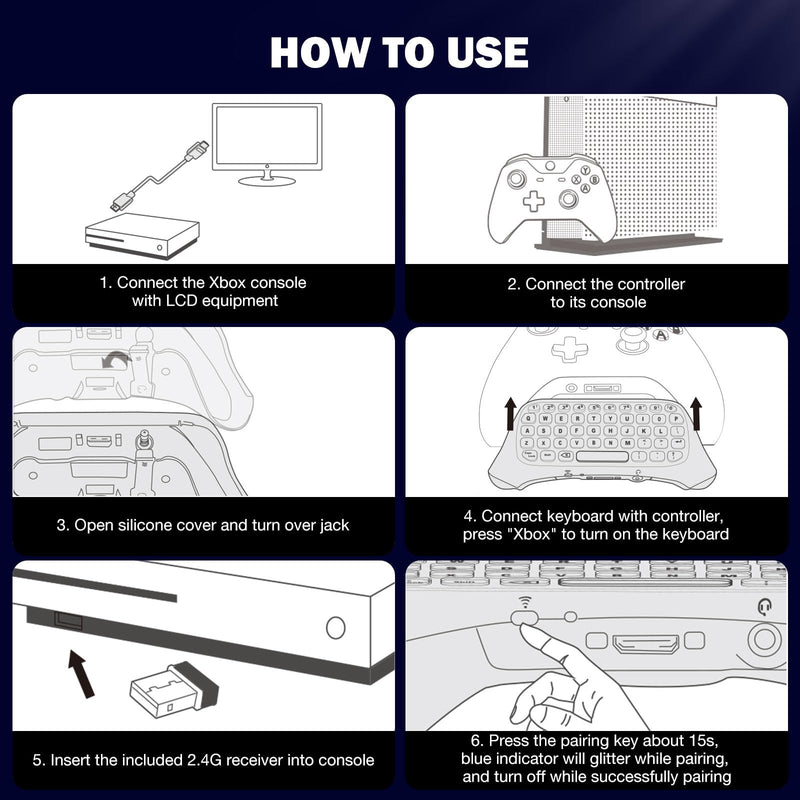 MoKo RGB Keyboard for Xbox One Controller | Wireless Chatpad Keypad w/ 2.4G Receiver, Accessories for Xbox One S/Elite/2/Series X/S, Black+White