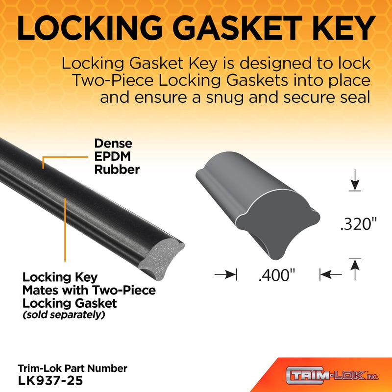 Trim-Lok LK937-25 EPDM Dense Rubber Black Window Locking Gasket, Mates up with Dual Piece Locking Gaskets, Dense EPDM Rubber, 25' Length