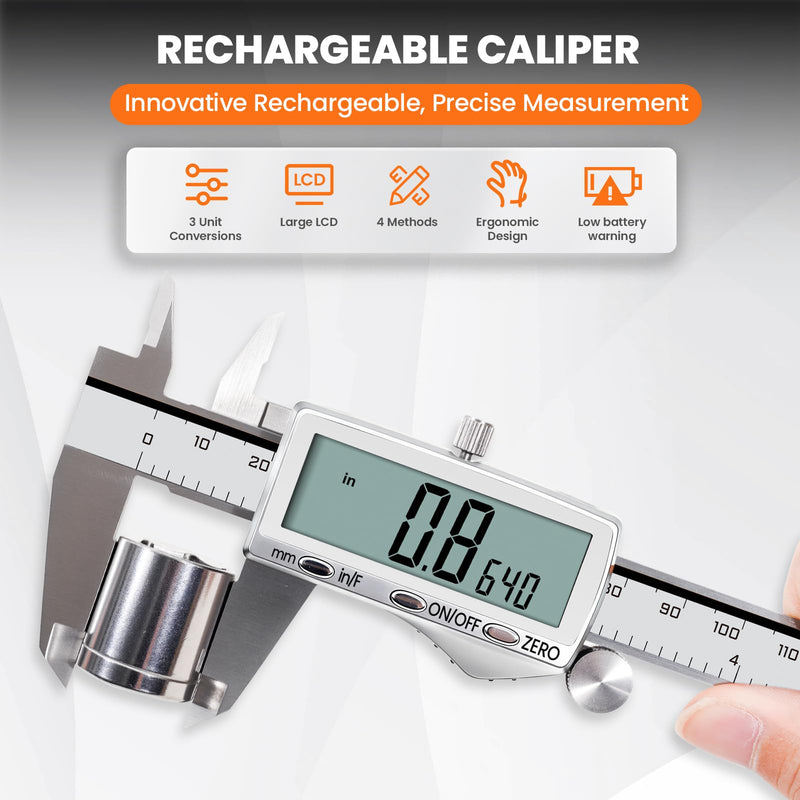 HARDELL Digital Caliper, Rechargeable Calipers with Large LCD Screen, Stainless Steel Caliper Measuring Tool, Auto-Off, Inch/MM/Fraction for DIY/Household/3D-printing 6 Inch
