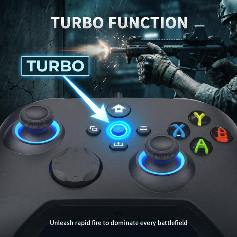 YUYIU Wired RGB Controller for Xbox One, Xbox Series X|S, PC, Steam, iOS | Wired Gaming Controller with Hall Effect Joystick/Trigger, Macro, Turbo, 3.5mm Audio Jack, Vibration (Phantom Black, 7.2FT) Phantom Black